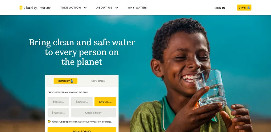 charity: water 首頁畫面